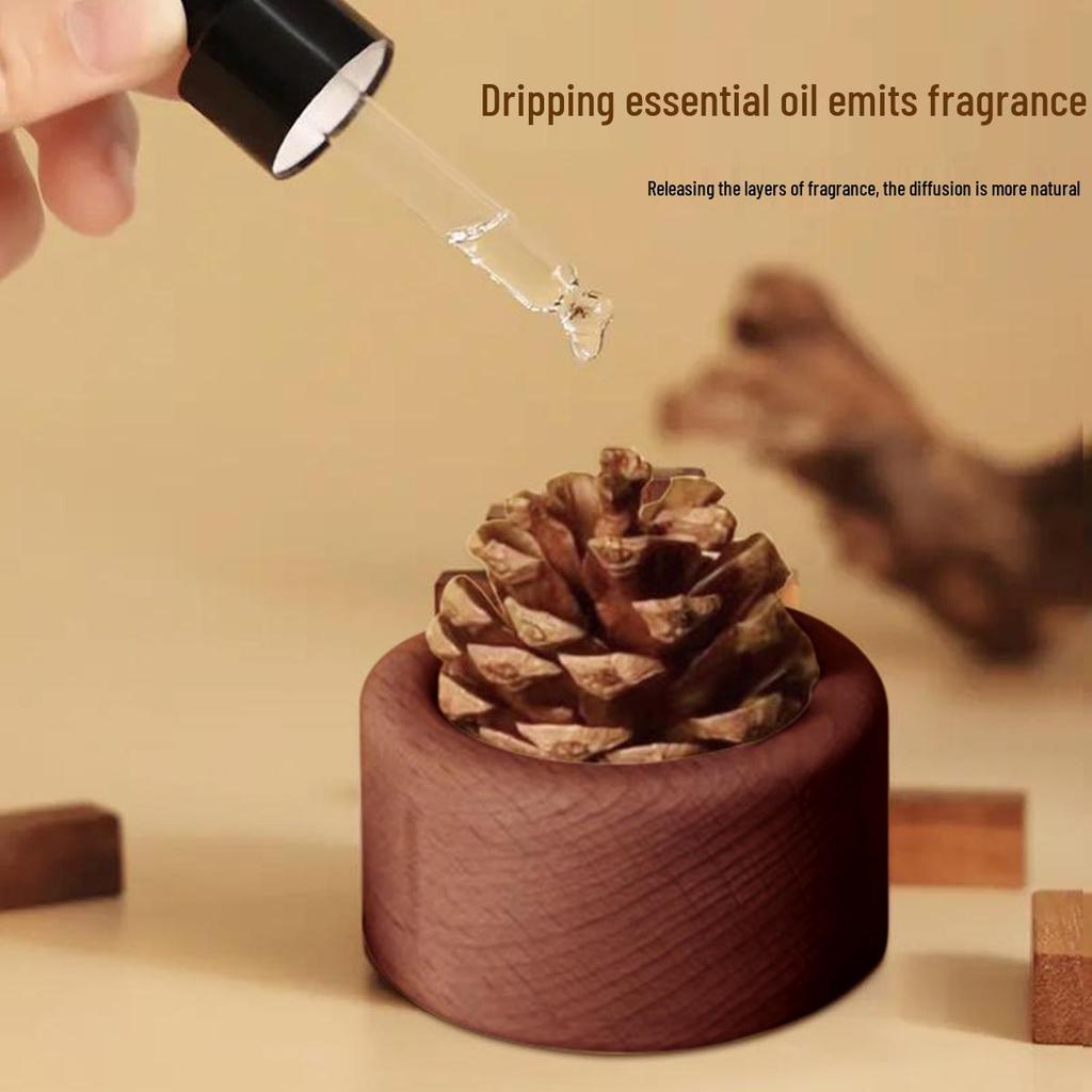 Beech Wood Pine Cone Aroma Diffuser - Flameless Aromatherapy Ornament for Home, Desktop, and Car.