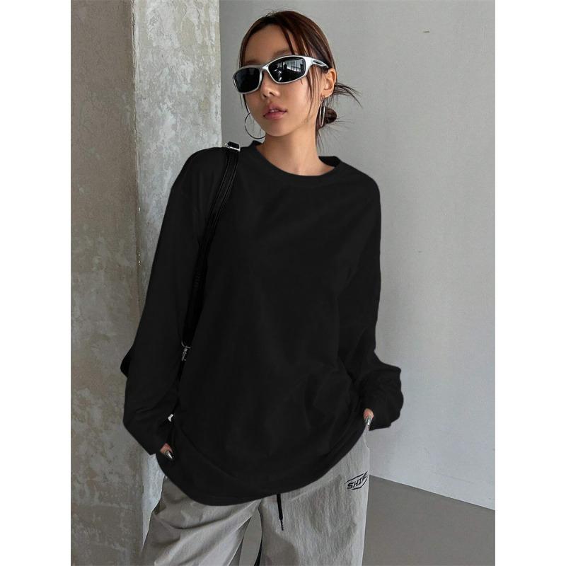 Women Basic Long Sleeve Loose O-neck T-shirt Autumn Winter Solid Color Tee Top Streetwear