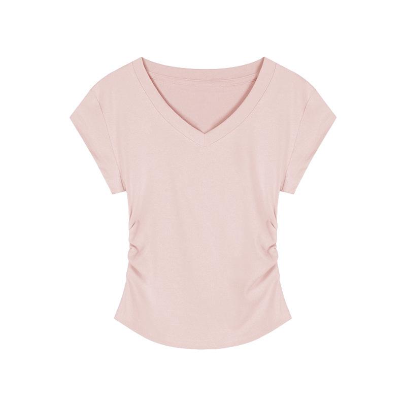 

American Spice Girl Solid Color Simple V-Neck T-Shirt Women s Summer New Short Slim-fit Versatile Pullover Student Top S розовый