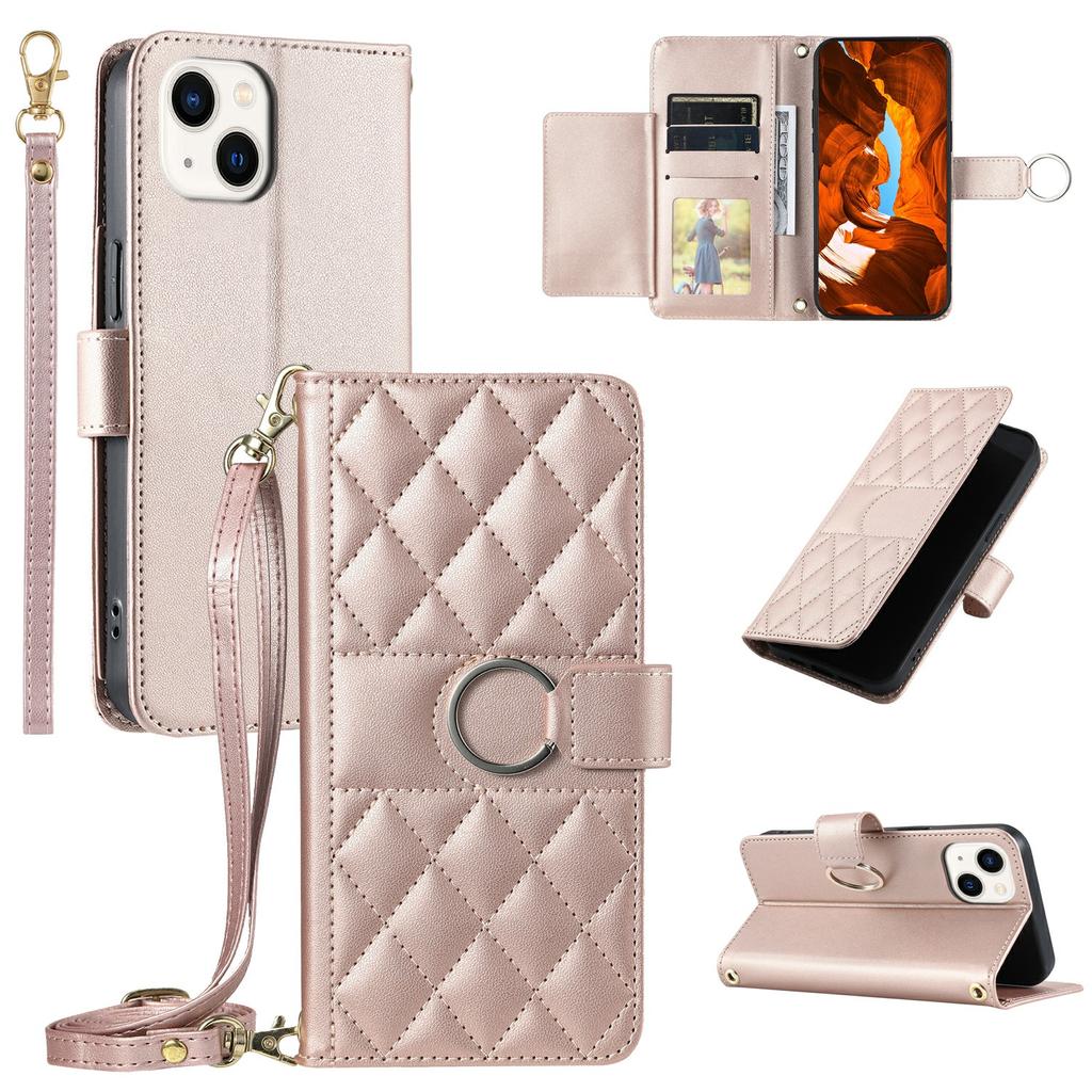For iPhone 15 Plus Crossbody Leather Case Ring Buckle Wallet Stand Rhombus Mobile Cover