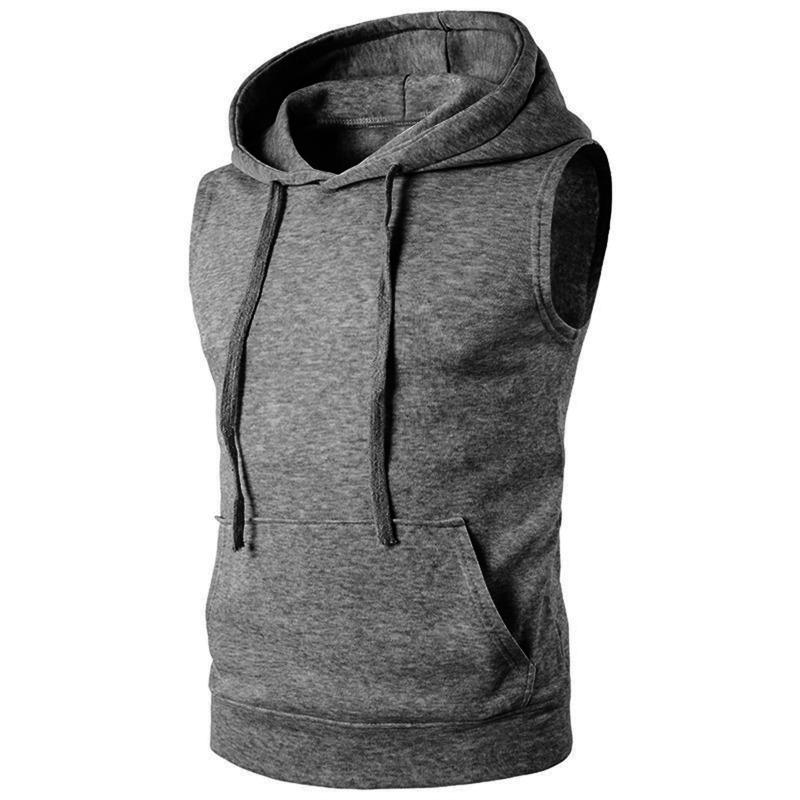 Mens Solid Color Hooded Sleeveless Pocket Tank Top
