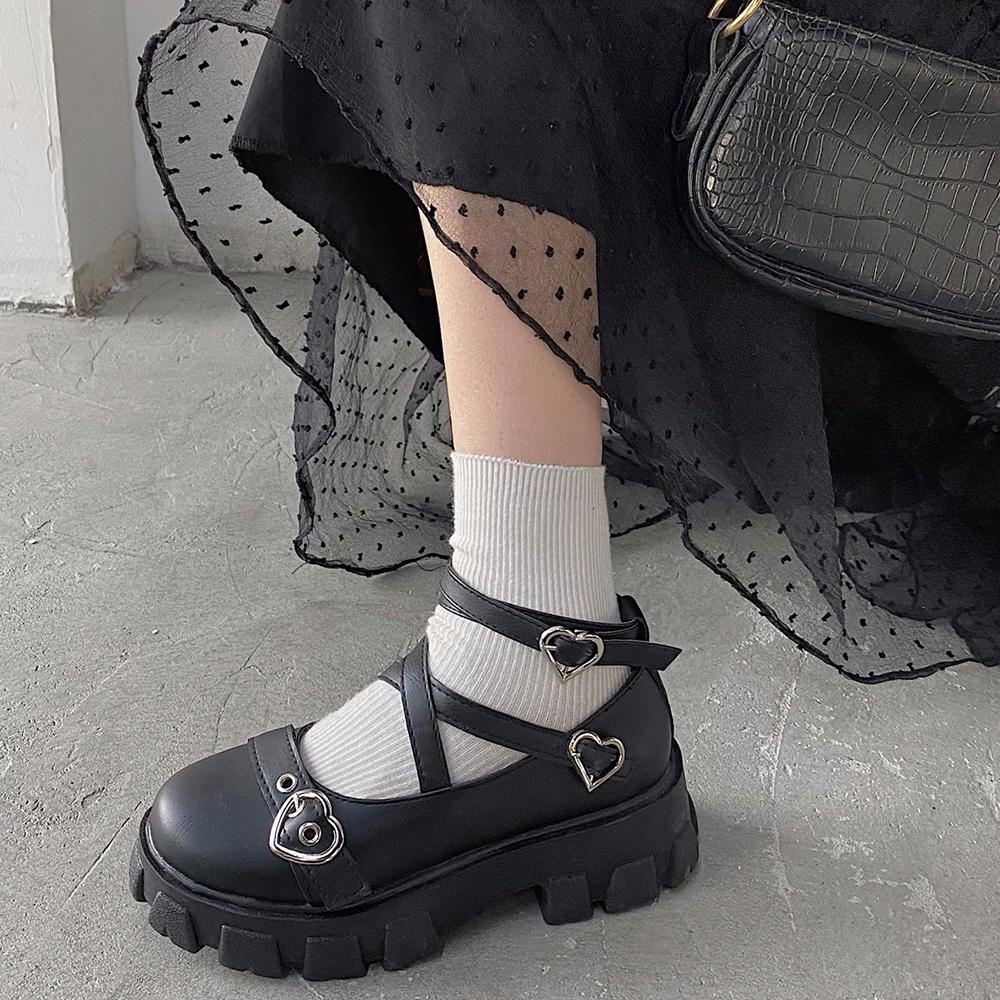 Sweet Lolita Shoes Platform Round Head Thick Heel Cross Bandage Women Shoes Kawaii Shoes Cosplay Mary Jane Shoes Heart Buckle S1