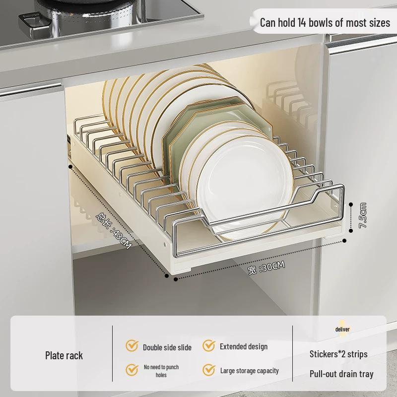 Stainless Steel Pull-Out Dish & Bowl Storage Rack for Kitchen Cabinets