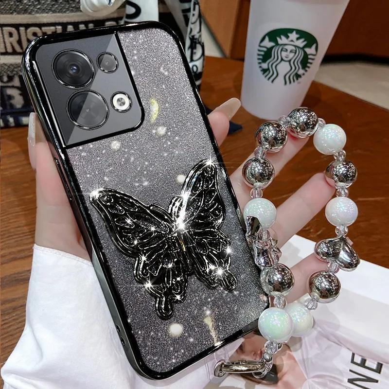 3D Butterfly Phone Holder Bead bracelet Glitter Plating Case for OPPO Reno 8 7 Pro Plus 4G 5G Back Cover