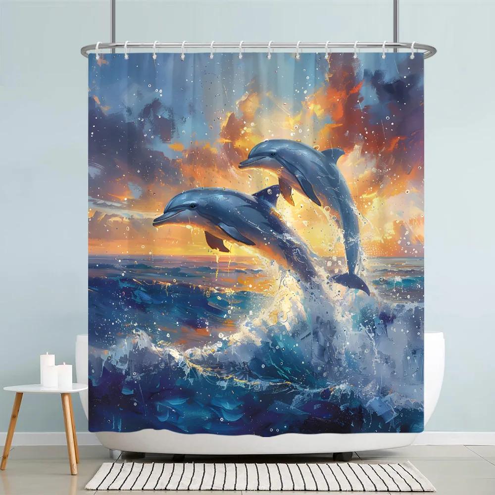 Lustige Meerestiere Kinder Duschvorhang Cartoon Aquarell Kunst Malerei Stil Polyester Stoff Duschvorhang Badezimmer Dekorati