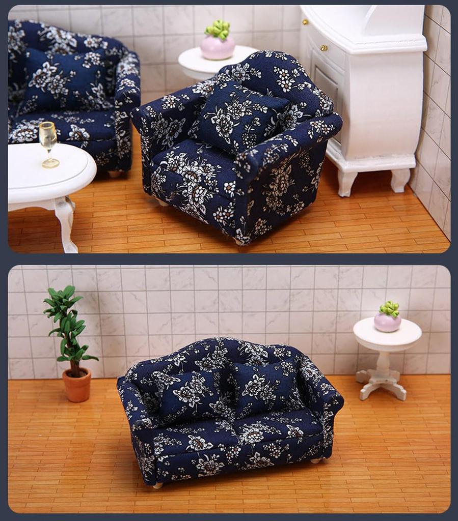 Moin Moin Miniature Scale Furniture Sofa Set Dollhouse Single White Floral Blue Doll Accessories 2306mini16 1/12 3-Piece (B-grade,