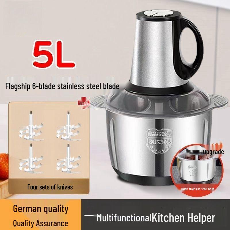 Stainless Steel Electric Meat Grinder & Multi-function Food Processor with Dough Kneading, Garlic Paste, and Vegetable Shredder