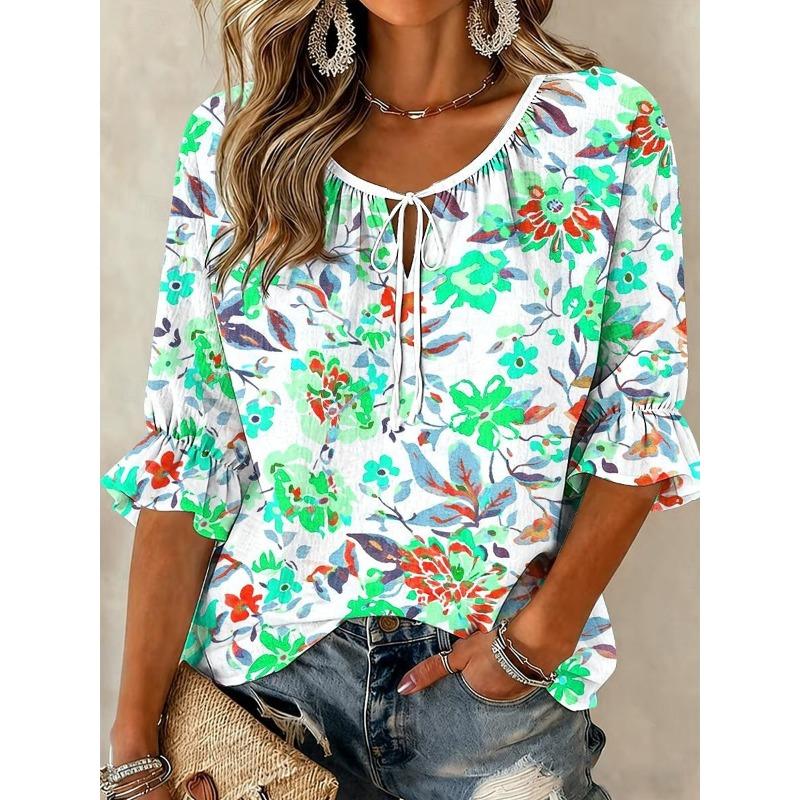 Women's White Multicolor Floral Print Tie Neck Blouse, Casual Loose Tops for Spring Summer Daily Wear Vacation Occasions