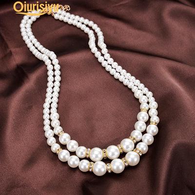 Kvinner Faux Pearl perler Rhinestone innlagt dobbeltlags kjede smykker