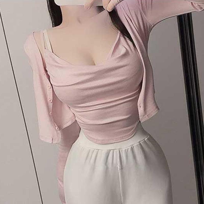 

Elegant Korean Draped Neck Camisole & Cardigan Set for Women - Autumn/Winter Collection One Size рожевий