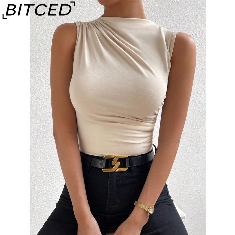BITCED Women's Spring/Summer Fashion Versatile Solid-Colour Pleated Sleeveless Pullover with Half-High Neck T-Shirt