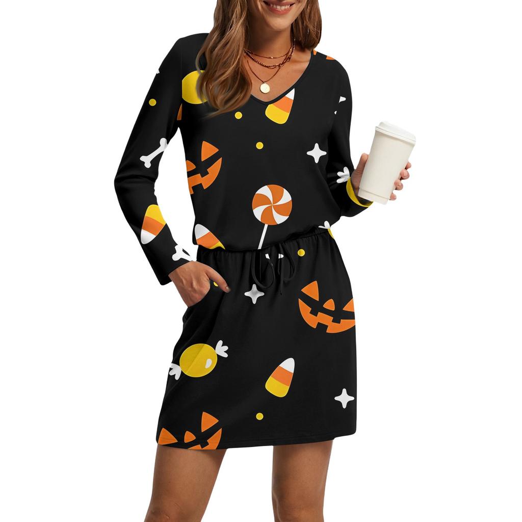 Women's Fashion V-Neck Long Sleeve Drawstring With Pocket Halloween Printed Casual Dresses