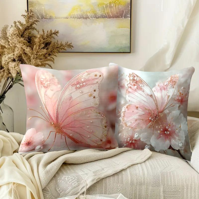 4Pcs Pink Butterfly Cushion Cover Cherry Blossom Flower Pearl Printed Pillow Case Polyester Home Decor Sofa Living Room 2D Flat