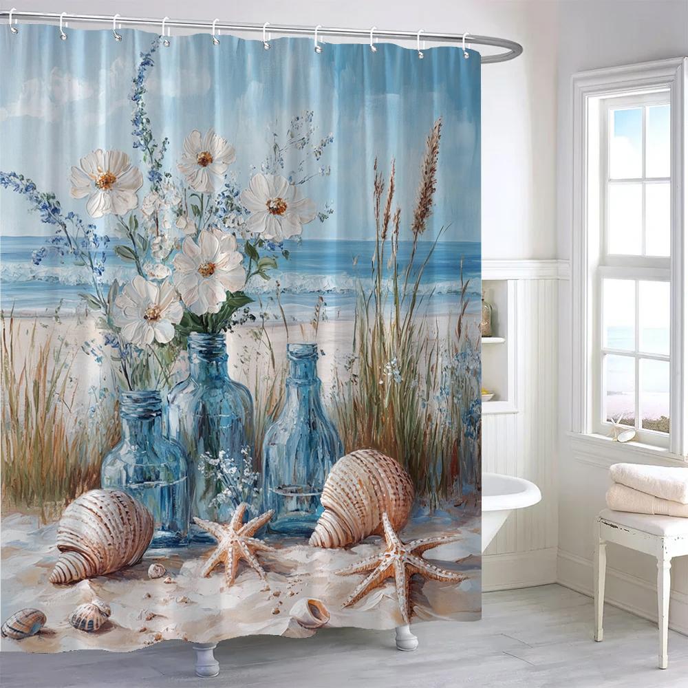 Beach Shower Curtain,Starfish Seashells Ocean Shower Curtain,Tropical Summer Hawaiian Seascape Fabric Bathroom Decor Curtain