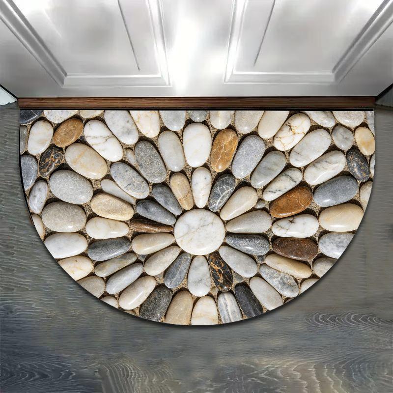 Neutral Natural Pebble Half Round Bath Mat, Non‑Slip Water Absorbent Minimalist Bathroom Floor Rug
