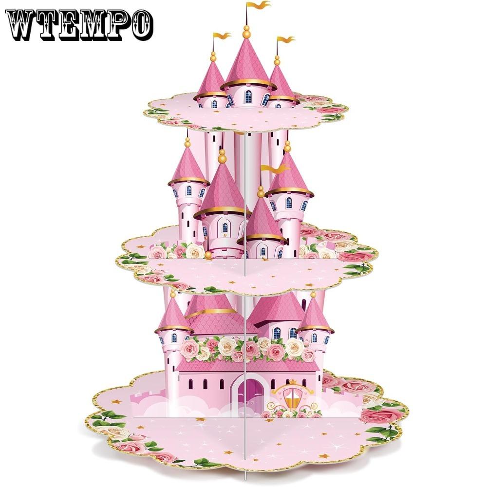 3 Tier Princess Birthday Cupcake Stand Party Decorations Floral Princess Cupcake Holder Pink Castle Crown Carriage Dessert Tower