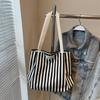 Retro Striped Canvas Tote: Fashionable Large-Capacity Single Shoulder Shopping Bag for Women