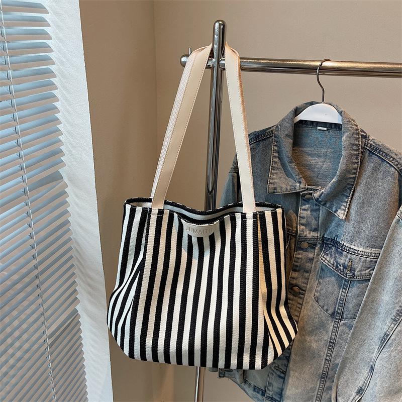 Retro Striped Canvas Tote: Fashionable Large-Capacity Single Shoulder Shopping Bag for Women