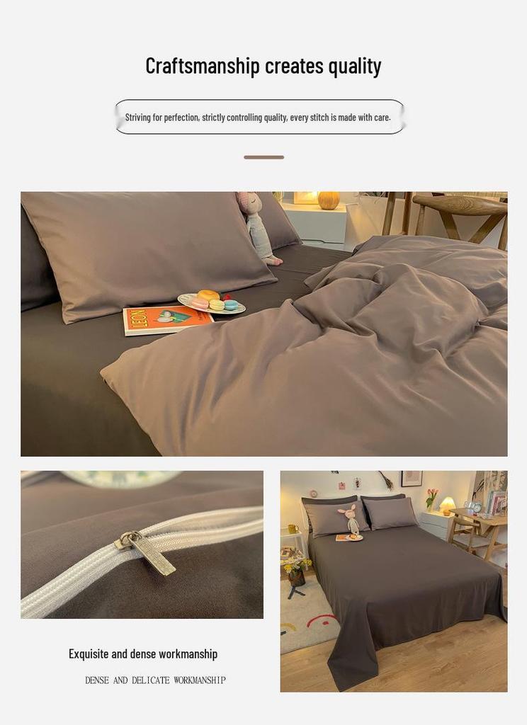 Thickened Brushed Solid Color Washed Cotton Student 3-Piece/4-Piece Set with Fitted Sheet & Duvet Cover
