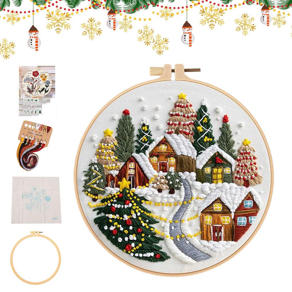 DIY Material Hand Embroidery Kit Snow Scenery Winter Villages Christmas Trees Christmas Theme Decorations Embroidery Kit