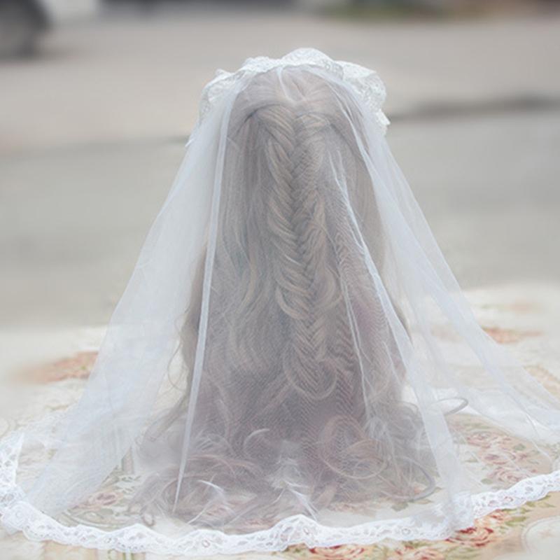 Vintage Brides Lace Veil Headdress Black White Lolita Veil for Outdoor Occasions