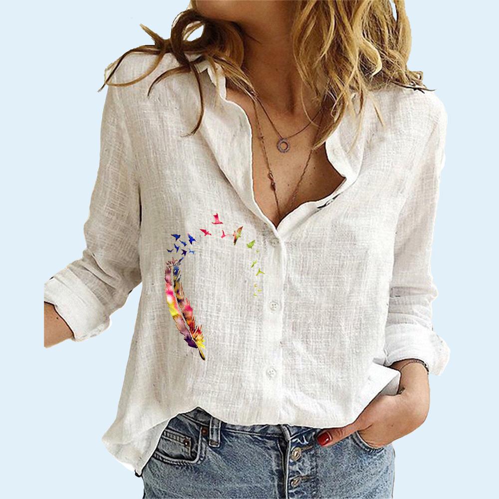 Women Fashion Long Sleeve Shirt Summer&fall Loose Cotton Linen Shirt Female Casual Print Buttoned Blouses