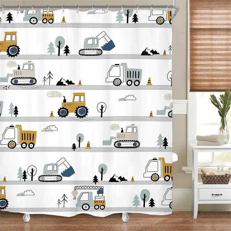 Cartoon Engineering Car Shower Curtains Ocean Animals Fish Cosmos Starry Sky Polyester Fabric Kids Bathroom Decor Set With Hooks