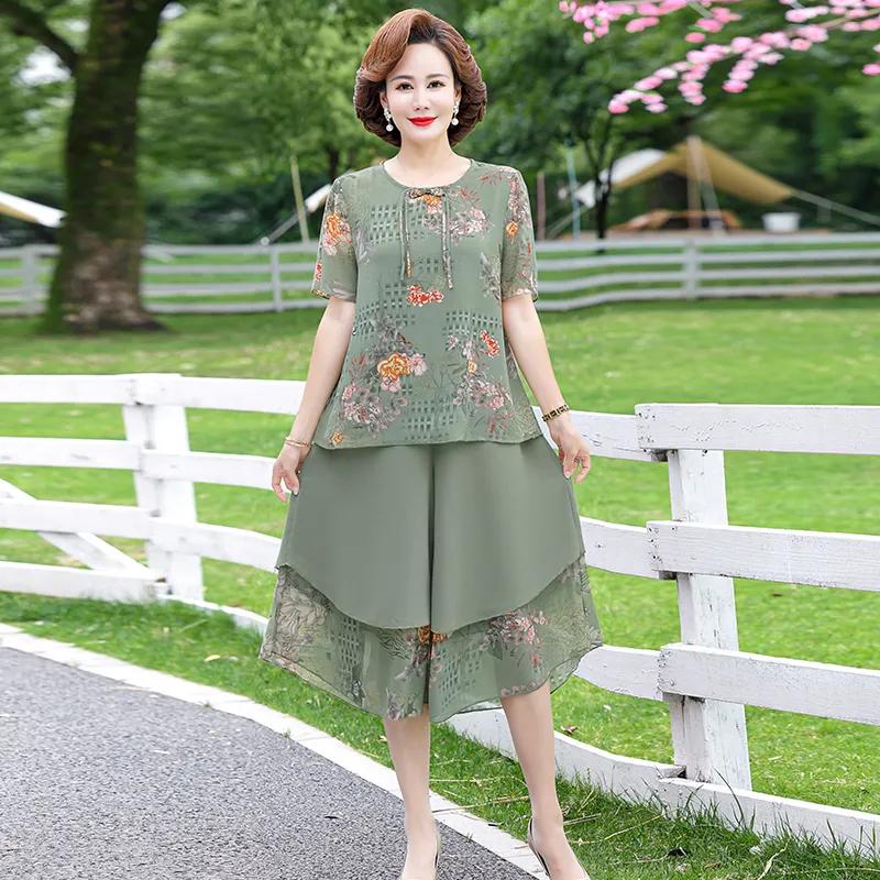Women's Summer Casual Plus Size Set, Middle-aged and Elderly, Short Sleeved Tied Small Shirt+loose Pants, Chiffon Two-piece Set