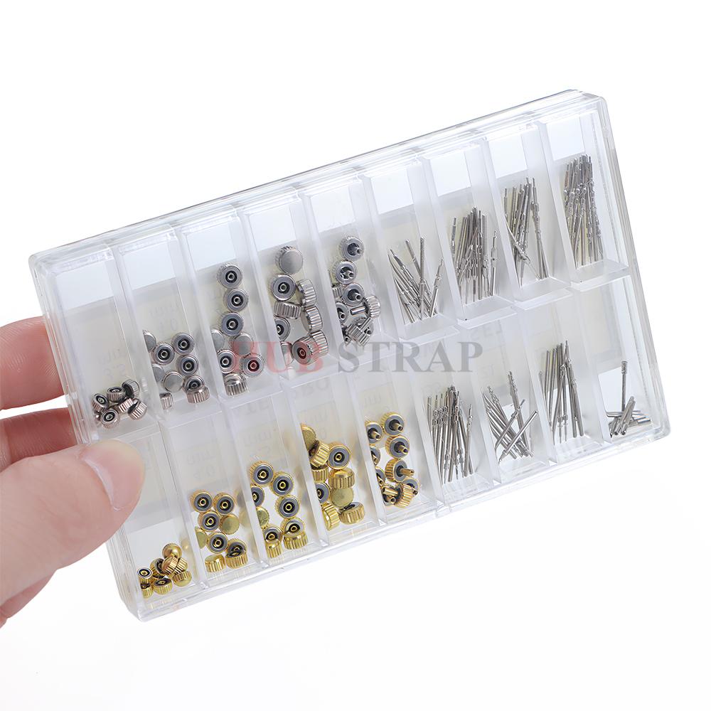 170 szt./pudełko Części Koronki Zegarka Zestawy Narzędzi do Naprawy z Pudełkiem Zamienne Etui Trzpień Koronki Różne Kopułowe Płaskie Główki Akcesoria Zegarkowe