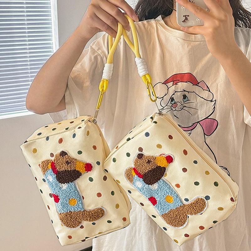 Cute Cartoon Dog Polka Dot Canvas Bag Large-capacity Portable Cosmetic Storage Bags for Travel Makeup Organizer Handbag for Girl