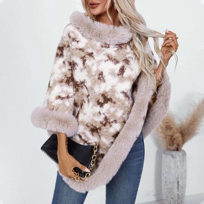 Autumn and Winter Women Print Loose Bat Sleeve Cross Border Cloak Cardigan Knitwear Stand Collar Sweater