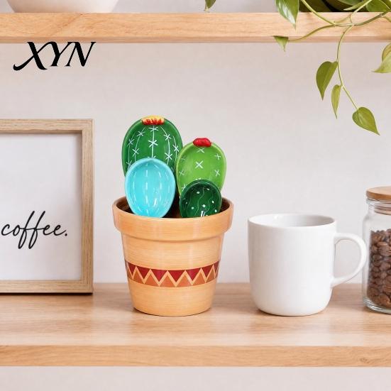 Coffee And Tea Measuring Spoons 4Pcs Flower Set, Ceramic Nesting Cups with Stand, Pot Spoon Set Cute Kitchen Baking Tool for Tea, Gift Bakers Utensil