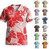 Women's Stretch Quick-Dry V-Neck Short Sleeve Workwear Top with Hawaiian Print & Pockets