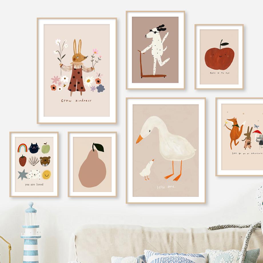 Dog Goose Rabbit Bear Fox Mouse Wildflower Cartoon Poster Wall Art Canvas Painting And Prints Wall Pictures Baby Kids Room Decor (with frame)