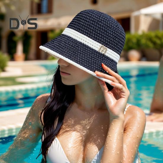 Summer Women Fisherman Hat Sun Protection Anti-UV Foldable Straw Hat Letter Decor Breathable Portable Camping Beach Travel Gardening Sun Cap