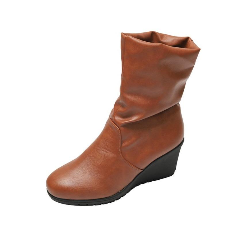 Mode Böhmen Einfarbig Braun Pu Mid-Calf Stiefeletten Damen 2025 Herbst Runde Zehenpartie Rutschfest Keilabsatz Stiefel Mode Plissiert Slip-On Stiefel