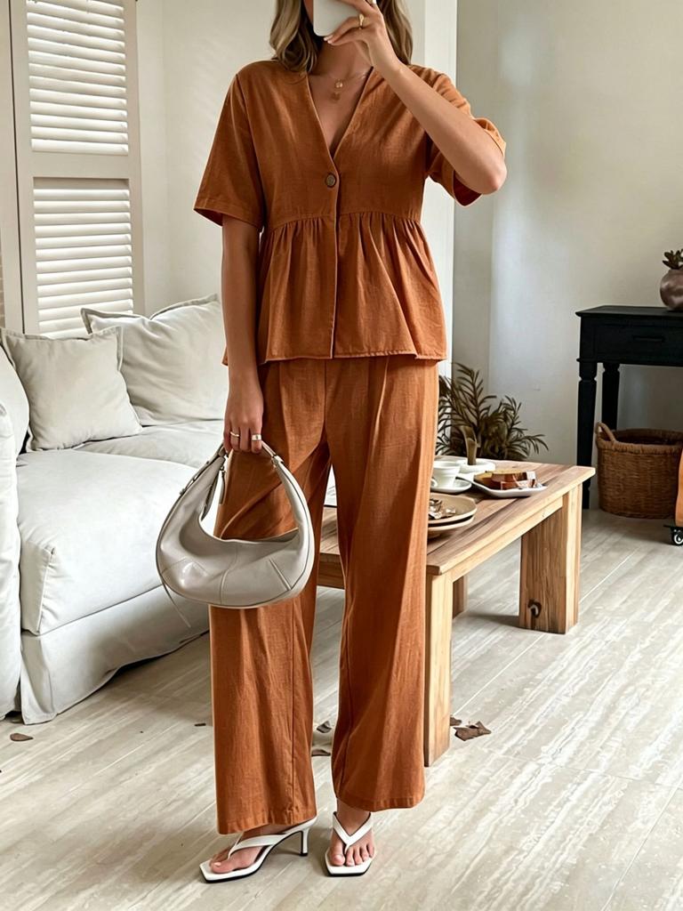 Europe, America, Cross-border Amazon Foreign Trade Fashionable and Elegant V-neck Loose Short-sleeved Top and Wide-leg Pants Two-piece Set