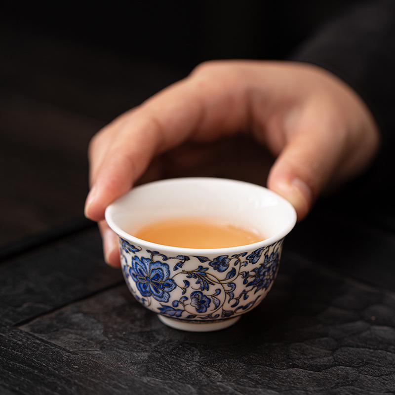 Blue and White Porcelain Magnolia Teacup - Mutton Fat Jade Lotus Design