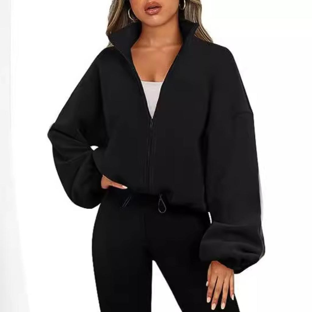 Women's Fleece Zip-Up Stand Collar Sports Jacket, Warm Thickened Outerwear for European American, Popular Casual Fashion Coat for Crossborder
