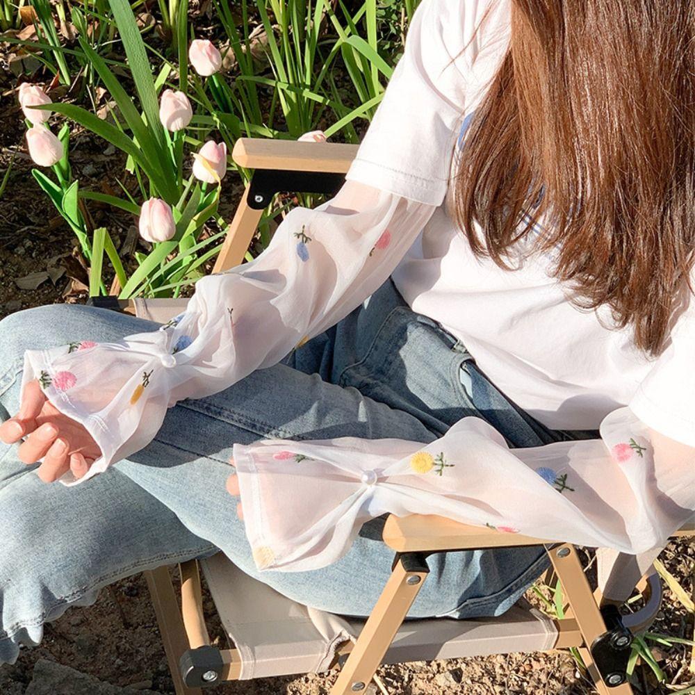 Pearl Buckle Embroidery Flower Ice Silk Sleeves Sun Flower Sunscreen Sleeve Cute   Outdoor