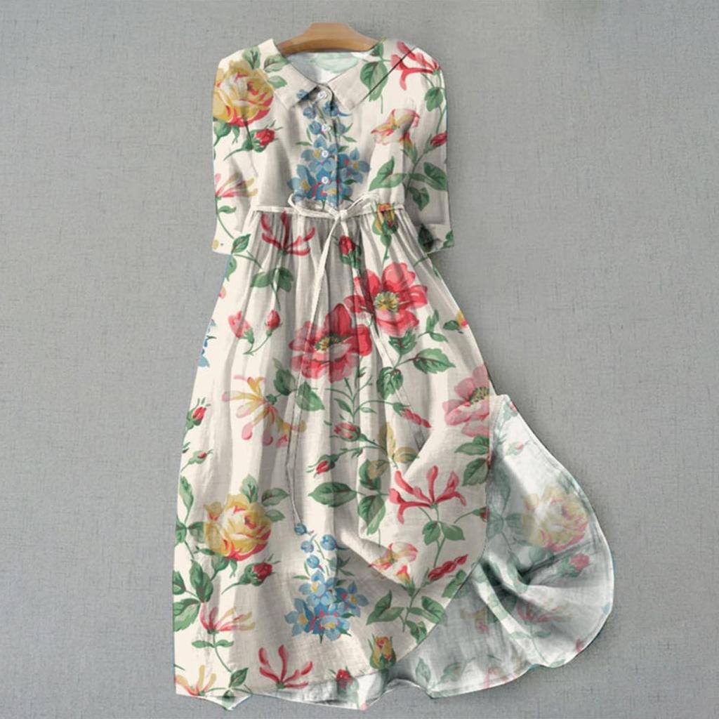 2026 Summer Trendy Lapel Dress: Cotton & Linen, Five-Point Sleeve, Long Skirt
