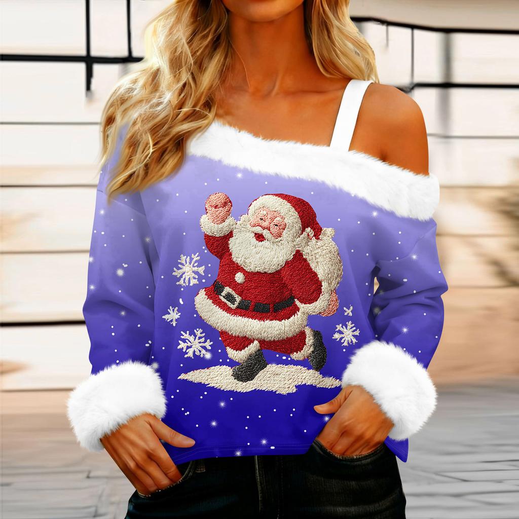 Dámská ležérní móda Sexy top s odhalenými rameny a vánočním vzorem, s dlouhým rukávem a kulatým výstřihem