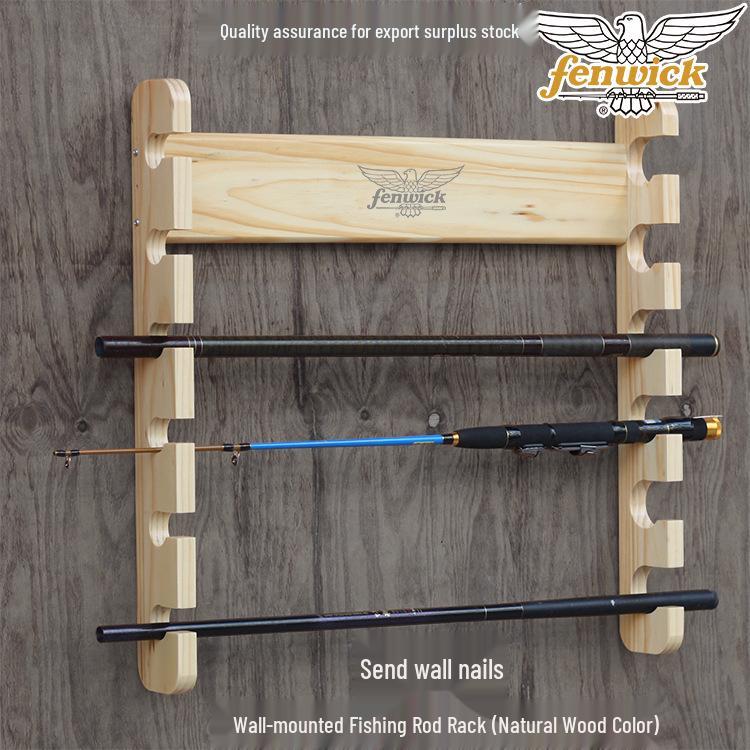 Настенный 6-местный стеллаж для удочек из массива дерева