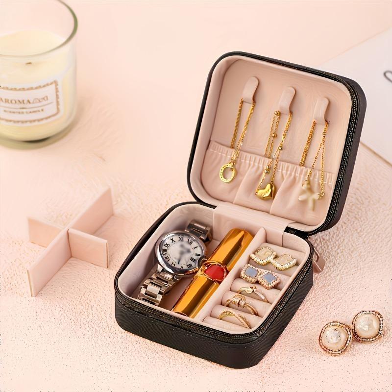 1PC Portable Imitation Leather Jewelry Storage Box with Zipper Closure - Desktop Storage Jewelry Box for Home or Out