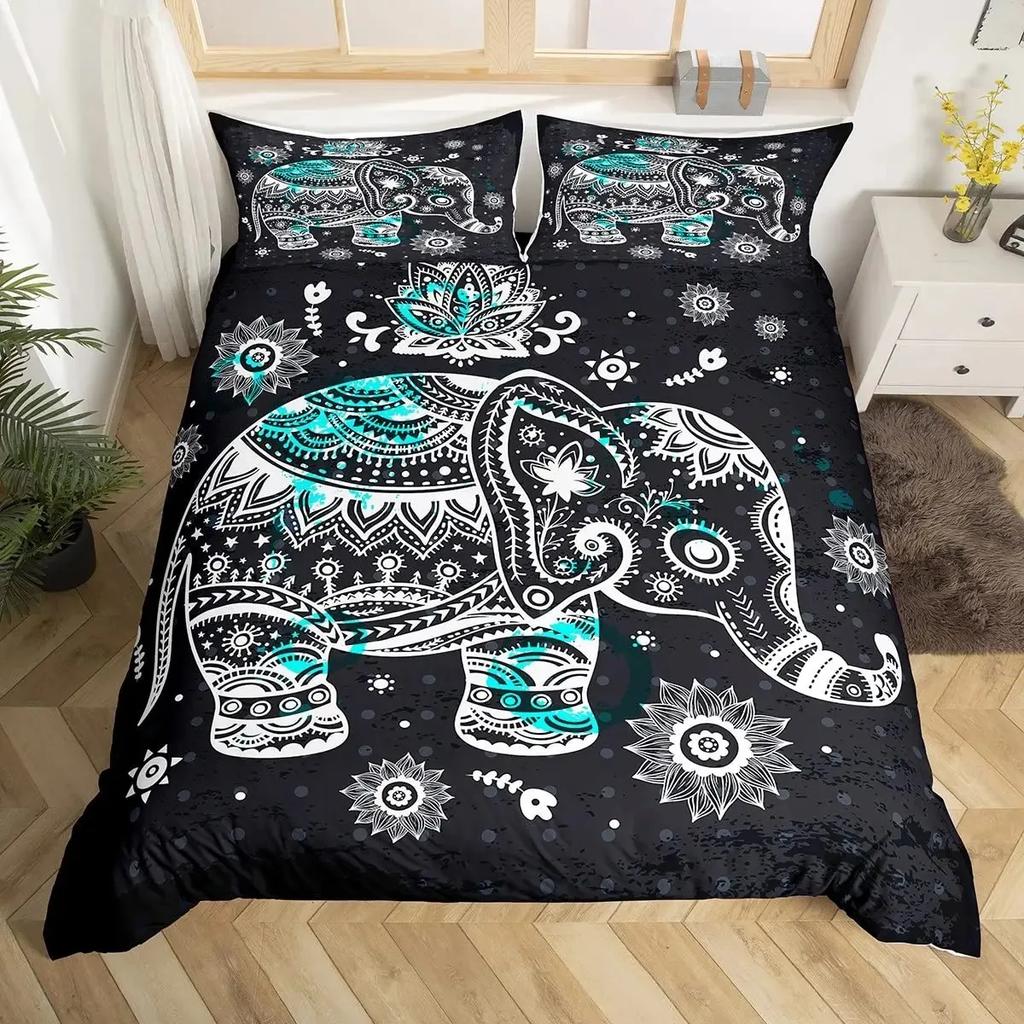 Elephant Duvet Cover Set Full,Boho Vintage Luxury Bedding Set Colorful Exotic Mandala Quilt Cover Tribal Ethnic Comforter Cover