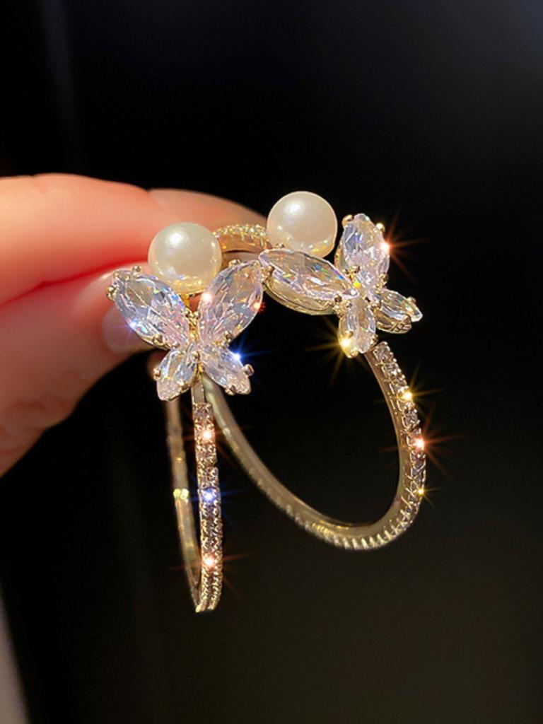 2pcs stylish and sweet round zirconia butterfly Zircon women's earrings, birthday party accessories