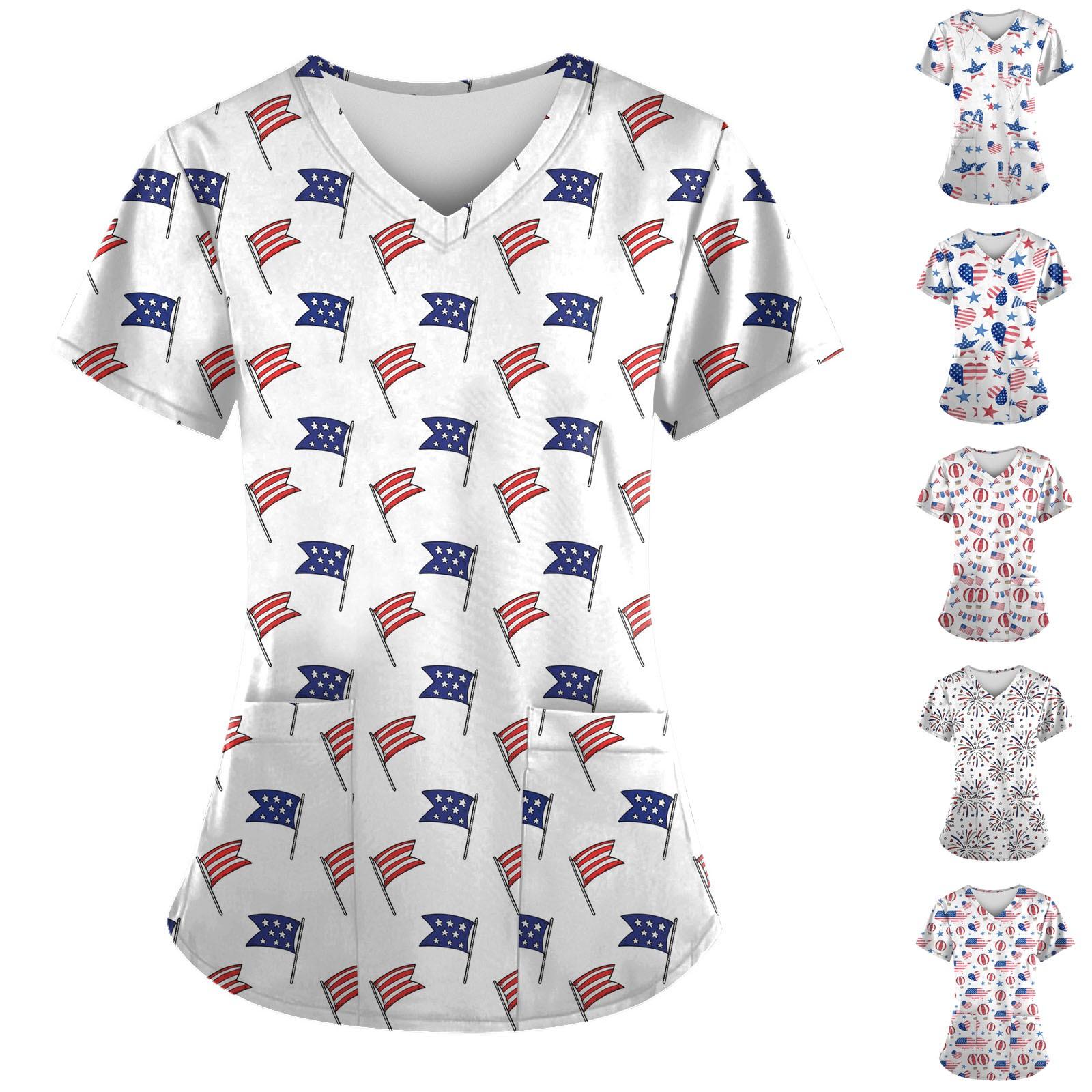 

(Куниде) Женская модная рабочая форма с принтом и карманной футболкой с коротким рукавом