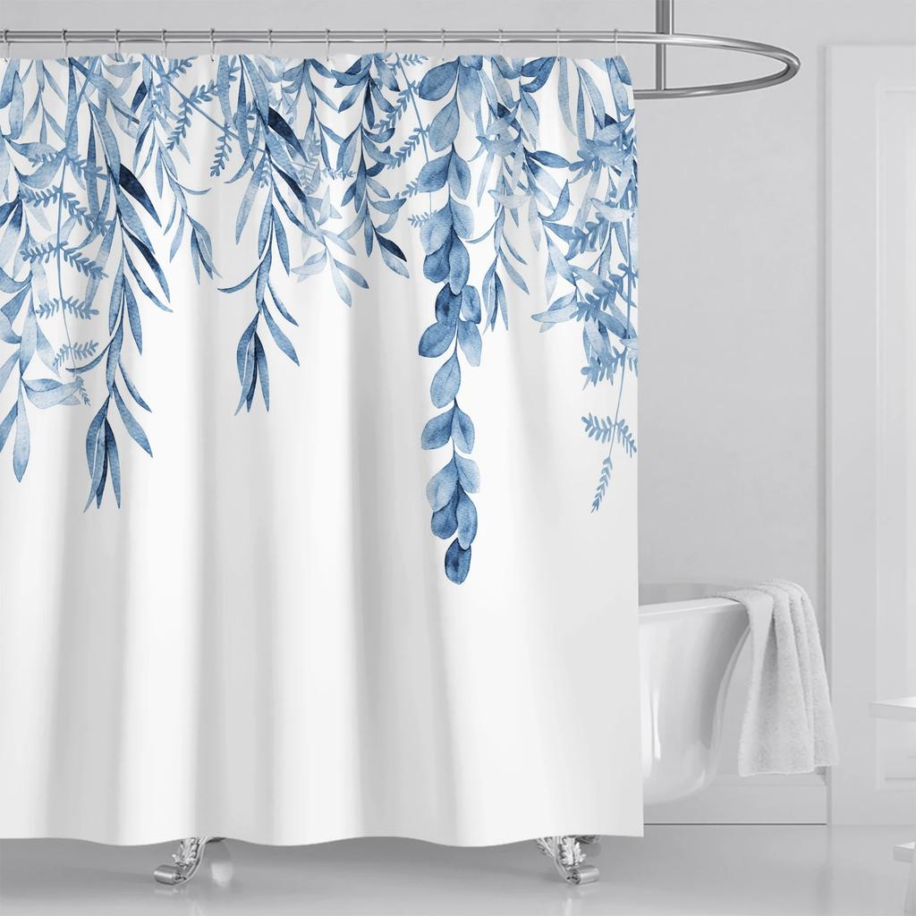 Watercolor Leaves on The Top Plant with Floral Bathroom Decoration Shower Curtain 180*180CM  with Hooks