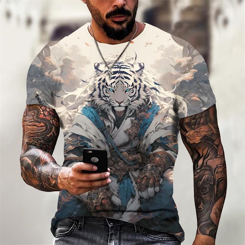 Animal Warrior Pattern T-Shirt Men Anaimal 3D Print Summer Casual Oversized Short Sleeve T-Shirt Comfortable O-Neck Breathable T-Shirt