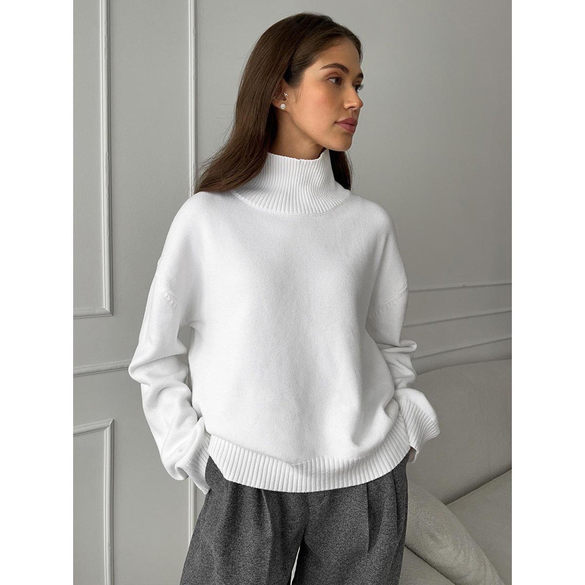 

Осенне-зимний женский свитер с высоким воротником оверсайз, винтажный вязаный пуловер, женский мягкий теплый свитер L белый